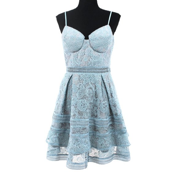 Self-Portrait Dresses & Skirts - Self Portrait Blue Floral Paisley Lace Grey Lined Tiered Ruffle Mini Dress 6